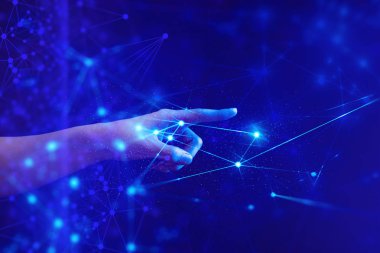 hologram AI, sosyal ağ daire veri, parmak push küresel sistem, Robotik, fütüristik insan touch derin öğrenme el