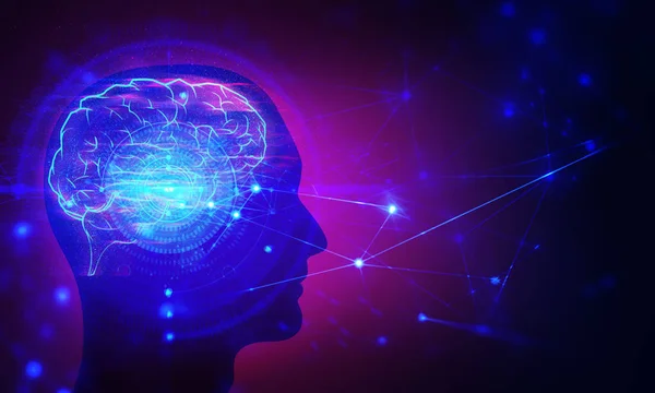 脳思考の頭人 データディープラーニングホログラム Ai技術ロボット 化学原子の分子 未来的なサイバーネットワーク 背景イラスト3D — ストック写真