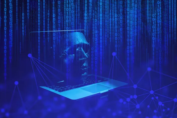 hologram hacker mask virus with laptop notebook computer screen in internet security network concept, server attack hacking, data robotic ai deep learning