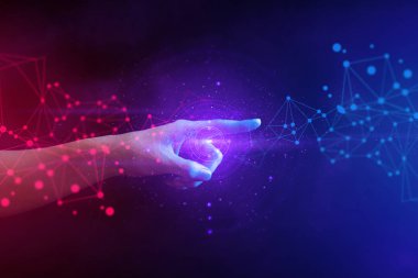 hologram AI, sosyal ağ daire veri, parmak push küresel sistem, Robotik, fütüristik insan touch derin öğrenme el