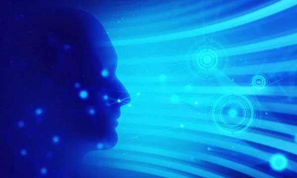 Gehirn Menschlicher Kopf Mit Digitaler Netzwerktechnologie Illustration Hintergrund — Stockfoto