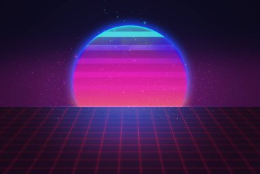 retro cyberpunk ağ internet konseptinde çokgen geometrihologram lazer dağ ile neon gelecek kızdırma ızgara