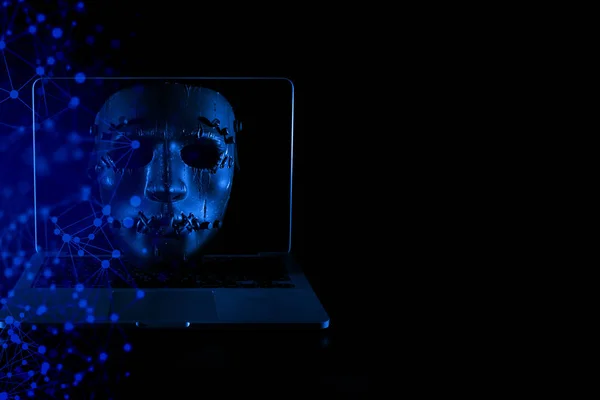 devil mask with computer notebook in hacker security network concept and hologram display red blue