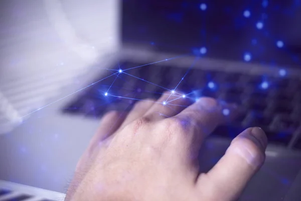 man hand with notebook laptop computer for business and network connect