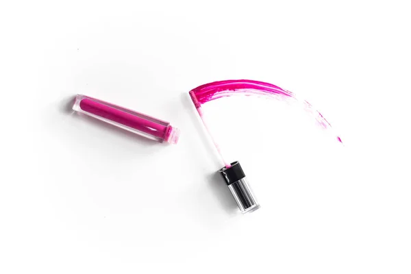 Rosa Lippenstift Kosmetische Glanz Flasche Pinsel Mit Strich Weißen Hintergrund — Stockfoto