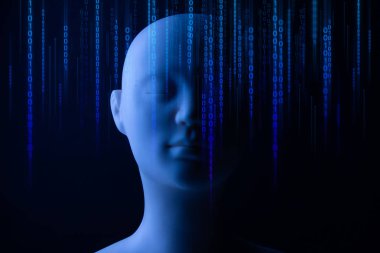 Robot biyonik biyoloji sistemi, soyut futuristik siber ağ sunucusu Online, arka plan illüstrasyon 3D render, AI teknolojisi