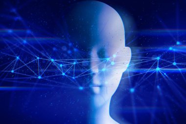 robot veri derin öğrenme parçacık hologramı, ai teknolojisi, kimyasal molekül, atom hücresi, fütüristik siber ağ, galaksi bilim arka plan illüstrasyon 3d sistemi