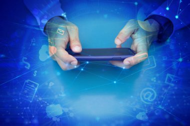 adam akıllı telefon ile bağlanmak için dijital internet teknoloji