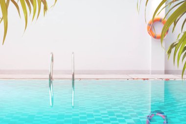 turuncu yaşam halkası ile otel yüzme havuzu, mavi su suyu deniz, hindistan cevizi ağacı palmiye yaprağı doğa, yaz sezonu tatil tatil, arka plan