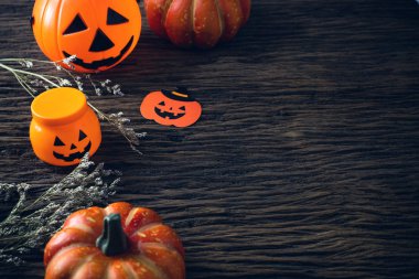 üst görünümü cadılar bayramı partisi tatil kabak ve ahşap arka plan vintage parti akşam yemeği nesne