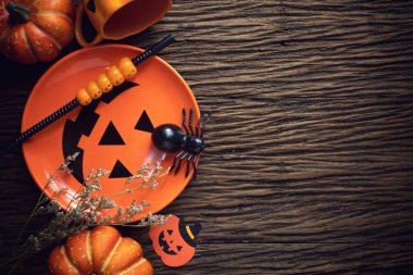 üst görünümü cadılar bayramı tatil kabak ve ahşap arka plan vintage parti akşam yemeği nesne