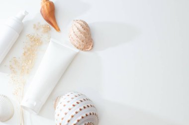 Üstten Görünüm yaz spa deniz plaj güzellik kozmetik vücut losyon krem güneş koruyucu spf mockup paket ürün kabuk ve çiçek 