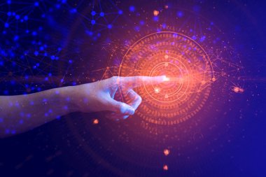hologram AI, sosyal ağ daire veri, parmak push küresel sistem, Robotik, fütüristik insan touch derin öğrenme el