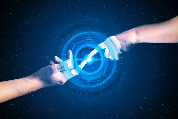 two human hands with blue laser neon glow eye in digital technology ai robotic and network cyber connect concept