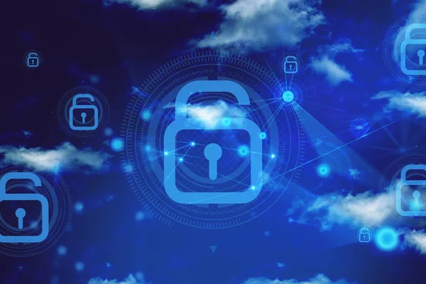 unlock security abstract futuristic blue laser light network background illustration cloud storage sky