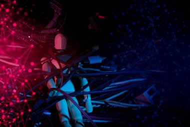 ahşap poz ve tel teknoloji yapay zeka robotik ai makine veri ağı kavramı