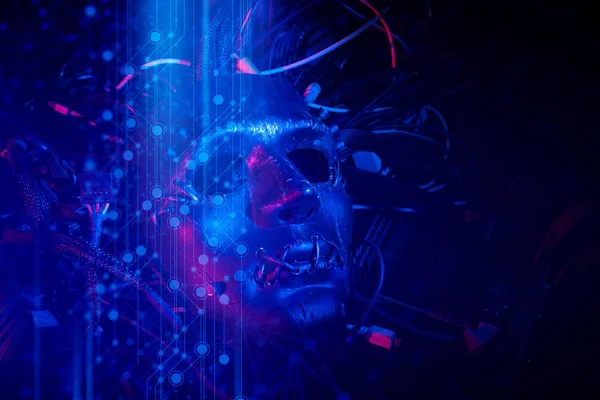 robotic mask face with busy electronic wire in sci-fi technology artificial intelligence network concept, devil hacker in security internet attack by virus