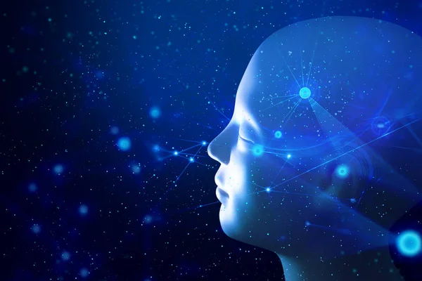 Menschliches Gehirn Kopf Und Daten Globale Netzwerktechnologie Teilchen Mit Digitalem — Stockfoto