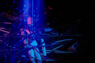 ahşap poz ve tel teknoloji yapay zeka robotik ai makine veri ağı kavramı