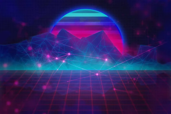 Neon Futuro Bagliore Griglia Con Poligono Geometria Ologramma Laser Montagna — Foto Stock