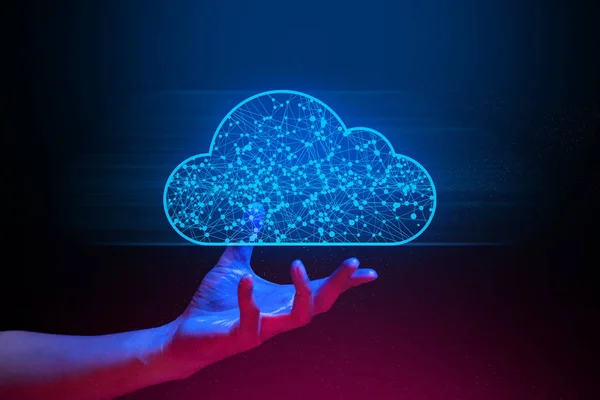 hand of social data hologram network cloud storage icon floating, information of internet of things, ai robotic global system technology, machine deep learning