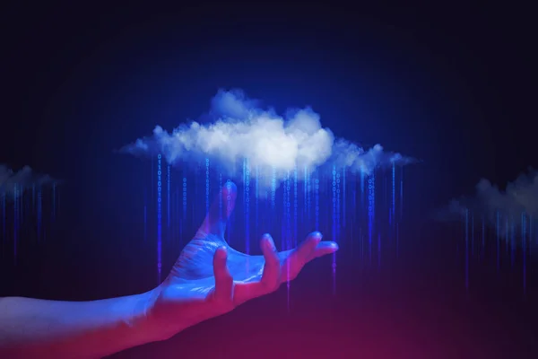 hand and social data network cloud storage server floating, information internet of things, ai robotic global system technology, machine deep learning