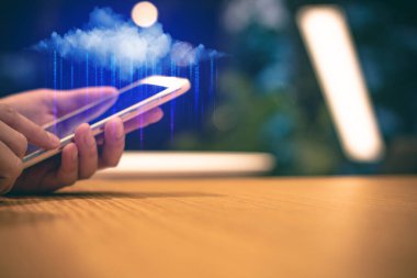 dijital veri küresel sosyal ağ AI bulut depolama, veri derin öğrenme, hacker sunucusu online ızgara mavi renk bağlantısı ile cep telefonu ile el