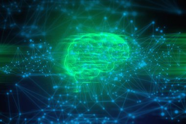 AI teknolojisi, kimyasal atom molekül, fütüristik siber ağ, arka plan illüstrasyon 3D, beyin hücresi, veri derin öğrenme hologram robotik, zihin fikir yaratıcı