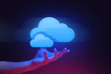 Sosyal veri ağı ile insan el, sunucu yüzen, bilgi internet şeyler, AI robotik küresel sistem teknolojisi, makine derin öğrenme, bulut depolama