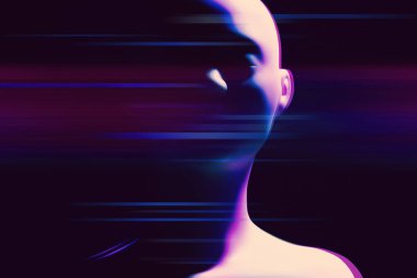 biyonik otomatik yüz, fütüristik teknoloji ağ sunucusu online, arka plan illüstrasyon 3d render, ai robot cyberpunk tarzı