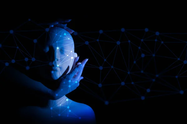 digital data deep learning ai robot bionic automatic face, technology network, cyberpunk futuristic concept, binary computer code hacker