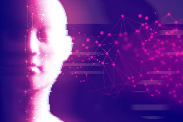 technology network server, ai robot bionic automatic face, background illustration 3d rendering, cyberpunk futuristic style