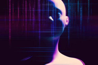 ai fütüristik teknoloji ağ sunucusu online, arka plan illüstrasyon 3d render, robot cyberpunk tarzı, biyonik otomatik yüz, hacker internet saldırı