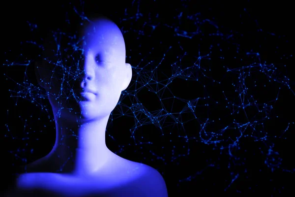 ロボットバイオニック自動ヘッドフェイス 技術ネットワーク サイバーパンク未来概念 神経叢細胞脳 デジタルディープラーニング ヒューマノイドAi — ストック写真