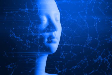 arka plan illüstrasyon 3d render, cyberpunk tarzı, biyonik otomatik, ai robot fütüristik, dijital teknoloji ağı online