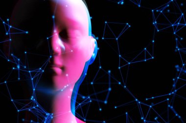 ai robot biyonik otomatik yüz, teknoloji ağ sunucusu online, arka plan illüstrasyon 3d render, cyberpunk fütüristik tarzı