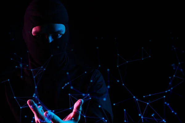 Hacker Mask Man Jaringan Virus Sistem Robot Online Data Deep — Stok Foto