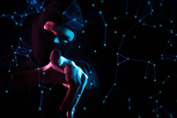 hacker man and mask, anti-virus network, robotic system online, data deep learning, server security hacking, hologram ui ai