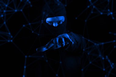 hacker maskesi kötü adam terörist, virüs saldırı sunucu ağı, robotik sistem online, veri derin öğrenme, güvenlik hack, hologram ai