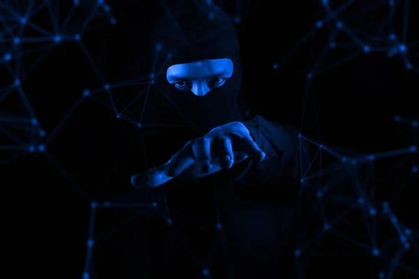 hacker mask bad man terrorist, virus attack server network, robotic system online, data deep learning, security hacking, hologram ai