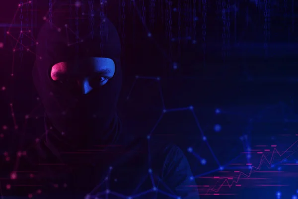 ハッカー悪者 ネットワークへのウイルス ロボットシステムオンライン データディープラーニング サーバーセキュリティハッキング ホログラムUi テロリスト危険 — ストック写真