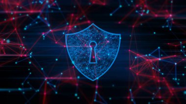 kalkan ve anahtar deliği kilidi, arka plan 3d illüstrasyon render teknoloji ağı ile robotik ai fütüristik dijital derin öğrenme beynine bağlanan veri 3d illüstrasyon render, anti-virüs bilgisayar konsepti