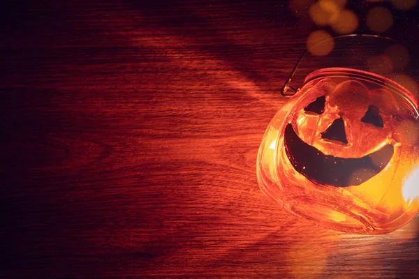 Vue Dessus Fête Halloween Avec Lampe Citrouille Lanterne Sur Table — Photo