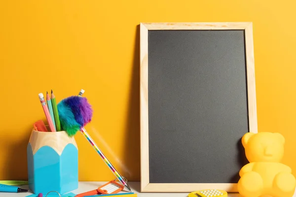 black wood board and object for study in classroom, student learning with education, kids play fun and toy, children and knowledge, think creative idea, stationery in back to school concept