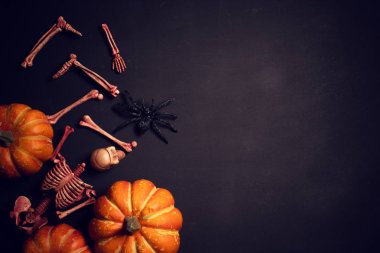 cadılar bayramı kabak tatil sezonu tebrik gece kutlama partisi üst görünümünde flatlay ve tedavi festival konsepti hile oyuncak pervane dekorasyon ile korku ürkütücü komik hayalet