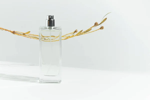 香气香水化妆品瓶喷雾包装产品模型上白色装饰背景 — 图库照片