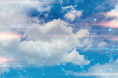 Teknoloji ağı sunucusu çevrimiçi dijital veri ai kavramı ile iş hayatında gökyüzü doğa arka planına sahip bulut depolama