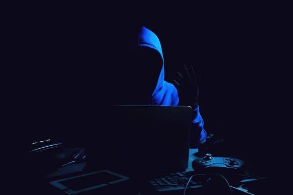 Hacker Homem Terrorista Com Ataque Computador Vírus Para Sistema Rede — Fotografia de Stock