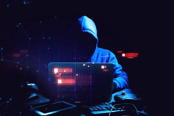 Hacker Man Teroris Dengan Virus Serangan Komputer Sistem Jaringan Server — Stok Foto