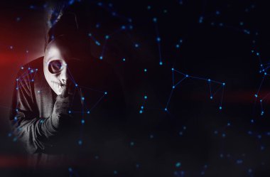 hacker adam veri internet güvenliği hack ai kavramı sunucu ağ sistemi online virüs bilgisayar saldırısı ile maske terörist giymek